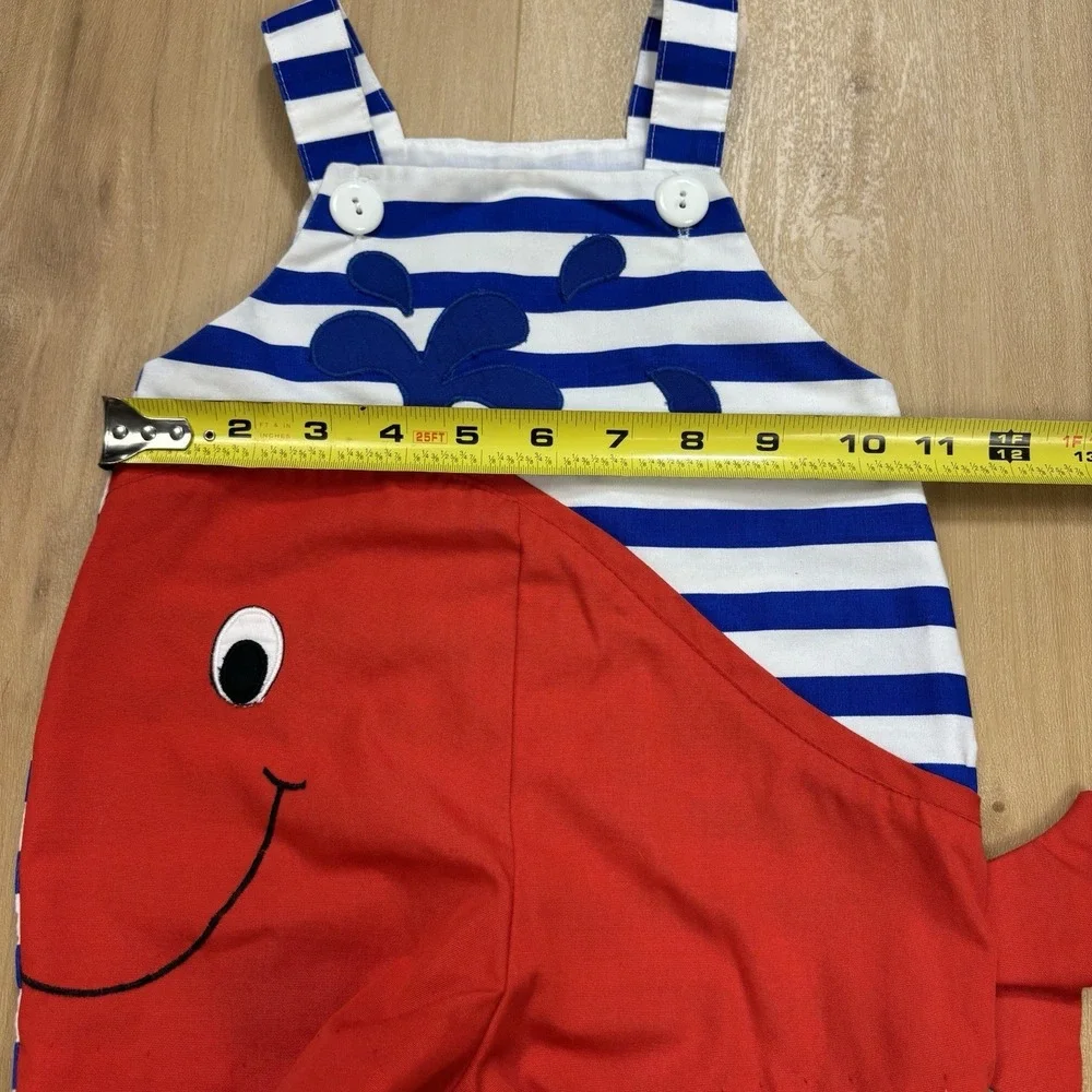 Vintage Baby Romper Whale Appliqué Blue And White Stripe 18 Month Shortall
